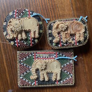 Beaded Elephant Metal Trinket Box Lot Business Card Holder Pill Box Mirror Set